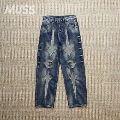 THUGCLUB水洗做旧星月拼接牛仔裤