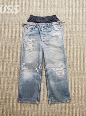 现货 PROTOCOL INDEX 拼接双腰数码印花做旧宽松直筒牛仔裤25AW