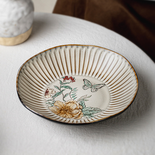 芦苇〖蝶恋花〗中式9英寸不规则浮雕深盘子高级感菜碗大号沙拉盘