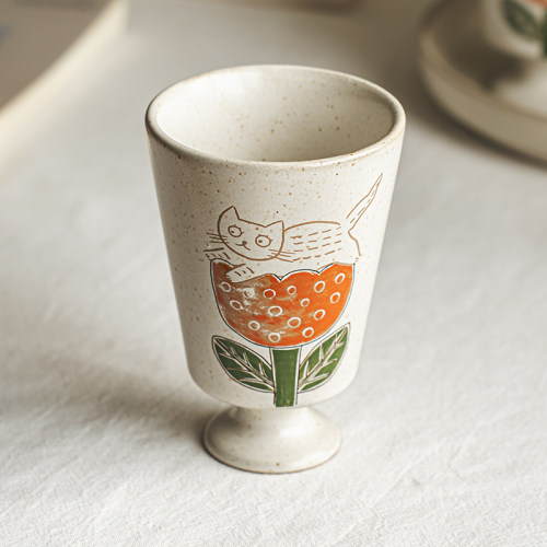 芦苇〖趣味猫咪高脚杯〗可爱陶瓷马克杯个性无把杯复古咖啡杯茶杯
