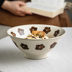 芦苇〖棕色小花〗7英寸敞口高脚碗复古陶瓷拉面碗斗笠汤碗面条碗