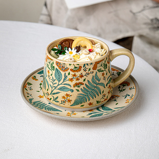 高档精致陶瓷拉花拿铁杯子 芦苇〖高颜值咖啡杯〗中古咖啡杯碟套装