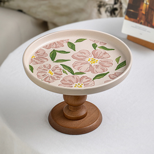 芦苇〖中古花卉果盘〗小众水果盘木质陶瓷高脚点心盘玄关收纳托盘