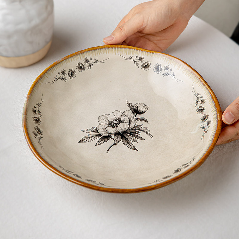芦苇〖超漂亮盘子〗9英寸不规则深盘高颜值陶瓷菜盘中古花卉餐具,餐饮具,盘,淘宝优惠券,粉丝福利购,淘宝优惠卷