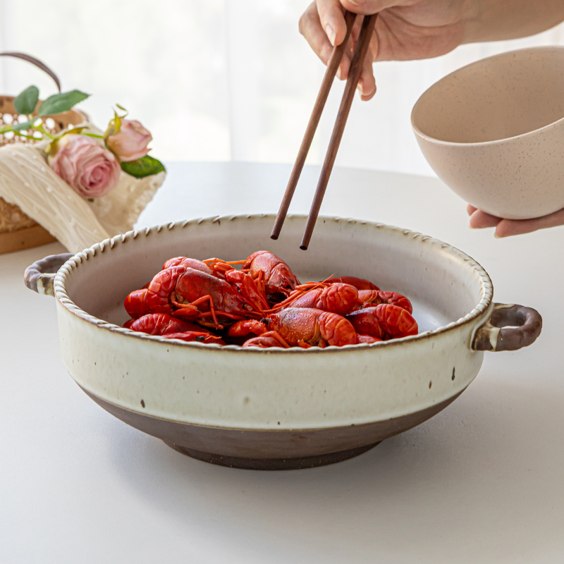 芦苇复古双耳碗粗陶汤碗日式餐具