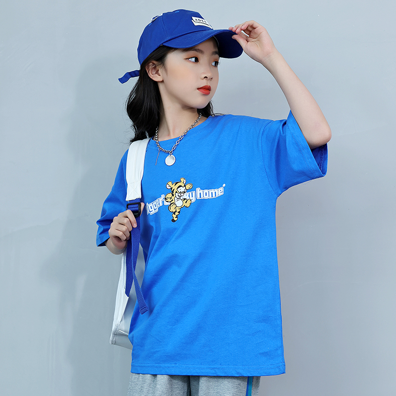 女童克莱因蓝短袖T恤夏季纯棉中大童时尚童装12上衣13岁女孩体恤