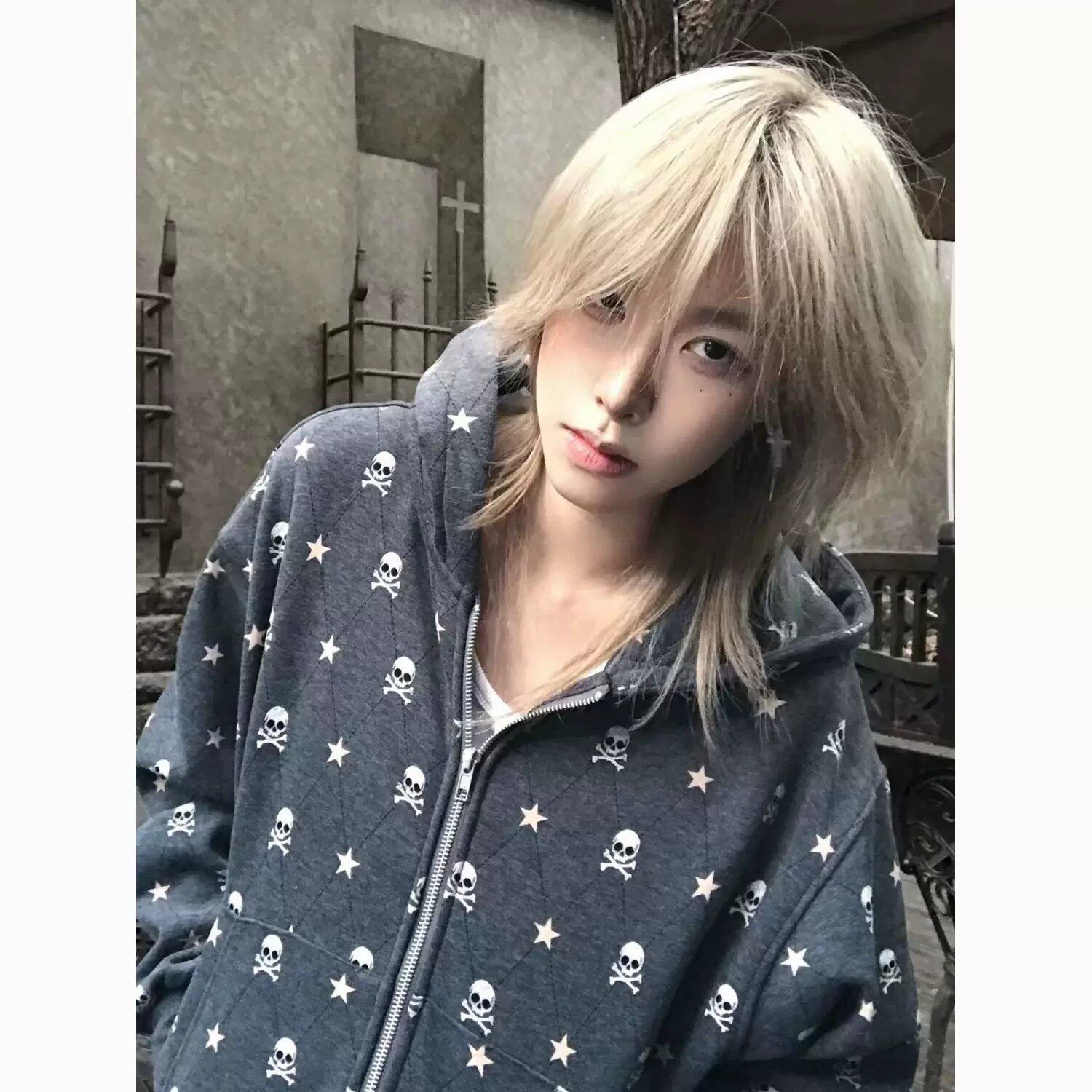 纯棉华棉满印星星骷髅头开衫卫衣