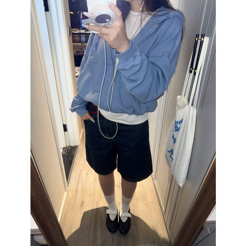 奶蓝色短款卫衣开衫连帽拉链纯色