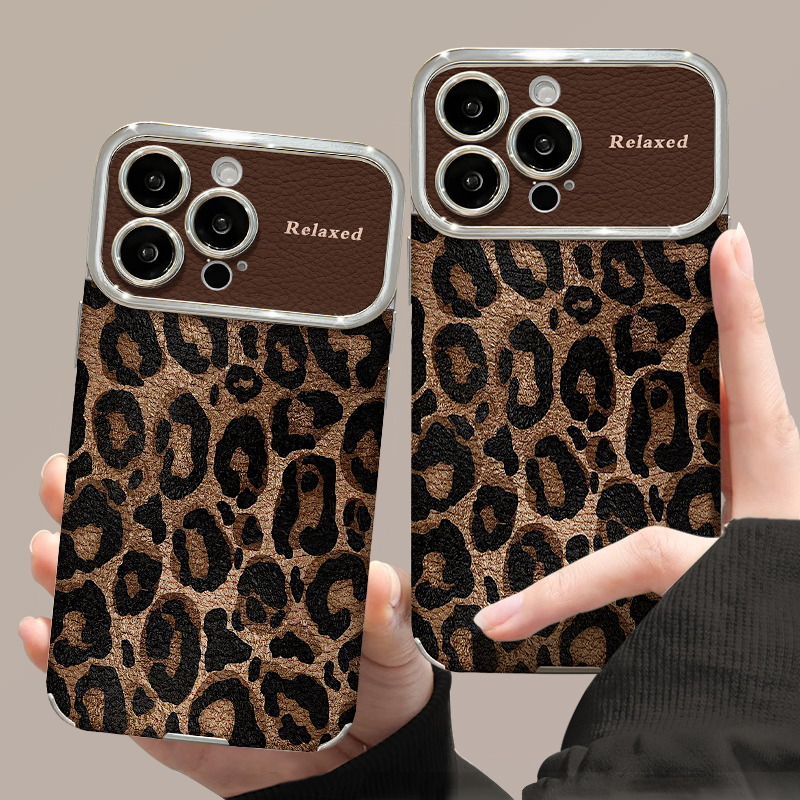 适用苹果16大视窗羊皮豹纹手机壳