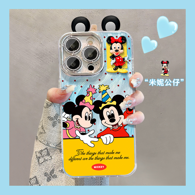 适用苹果16pro手机壳夏天新女款15promax羽纱iPhone14可爱米奇米妮公仔13超火15plus全包镜头膜12情侣11防摔