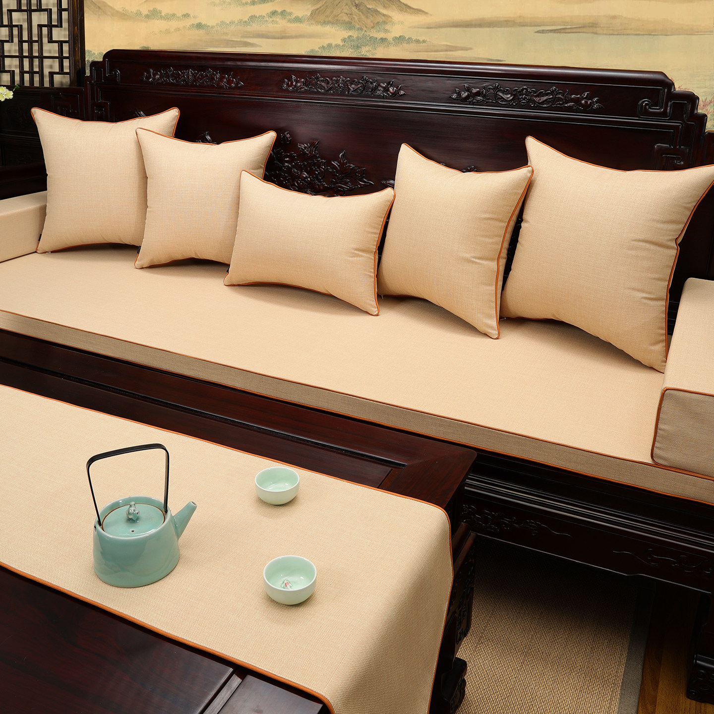 素色新中式沙发坐垫靠背罗汉床五件套高档布艺防滑沙发垫四季通用,居家布艺,沙发垫,淘宝优惠券,粉丝福利购,淘宝优惠卷