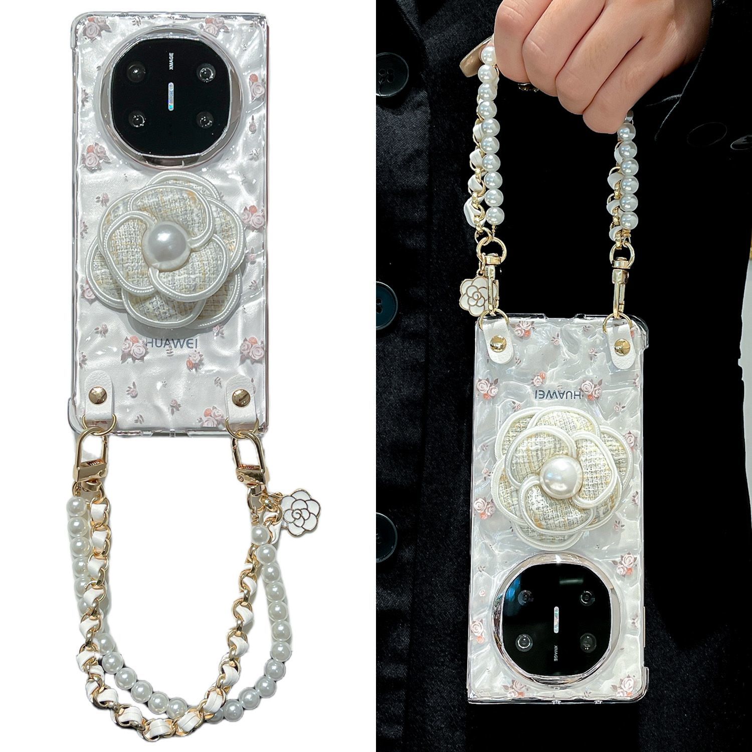适用于华为matex6手机壳轻奢女款时尚立体花朵珍珠手提挂绳链条x5外壳典藏版保护套全包防摔创意个性水波纹