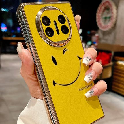 适用华为matex5典藏版手机壳新款可爱黄色歪嘴笑脸x6折叠屏保护套全包防摔x7高级感真皮创意个性潮超薄皮纹