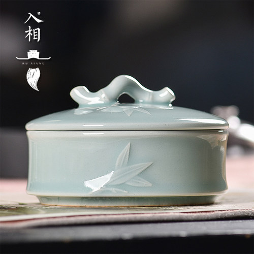 入相文房节节高火锅砚台带盖可以盛墨不干墨加水汝窑青瓷竹节弟梅弟粉书法初学者专用