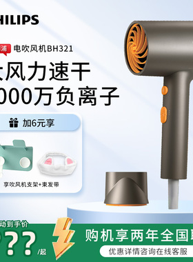 飞利浦电吹风机BHD321家用负离子护发大功率不伤发黑金风筒1600W