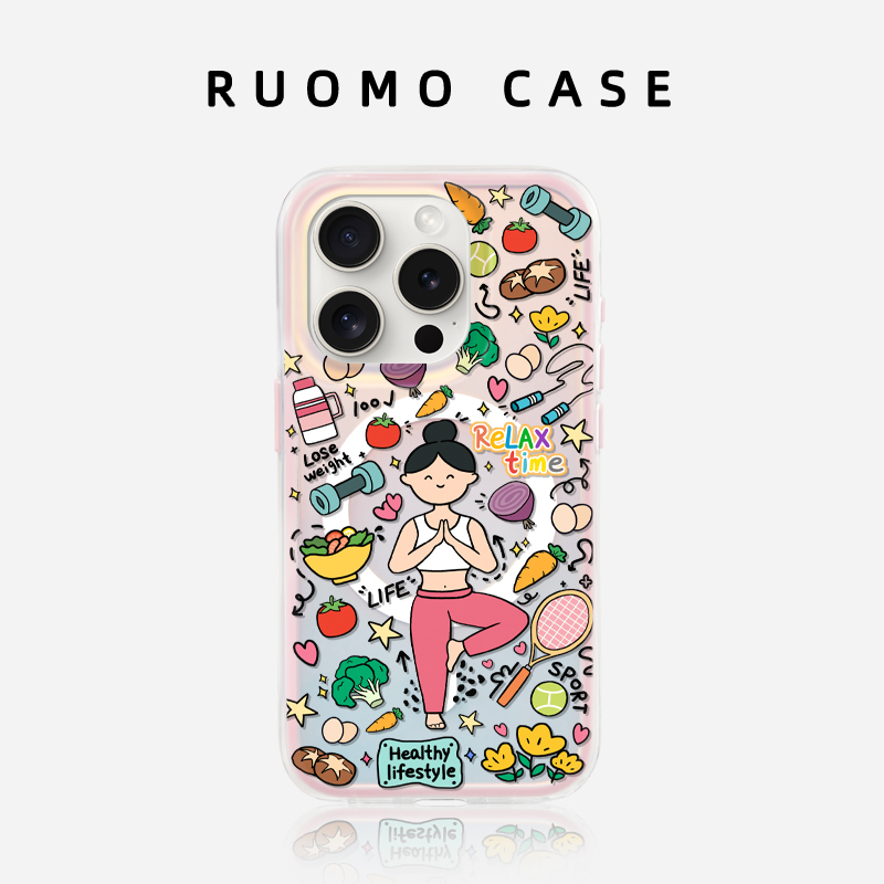 若墨适用苹果15promax手机壳新款iphone14pro女磁吸渐变镭射高级感带挂绳创意女孩13瑜伽健身夏天ip保护壳