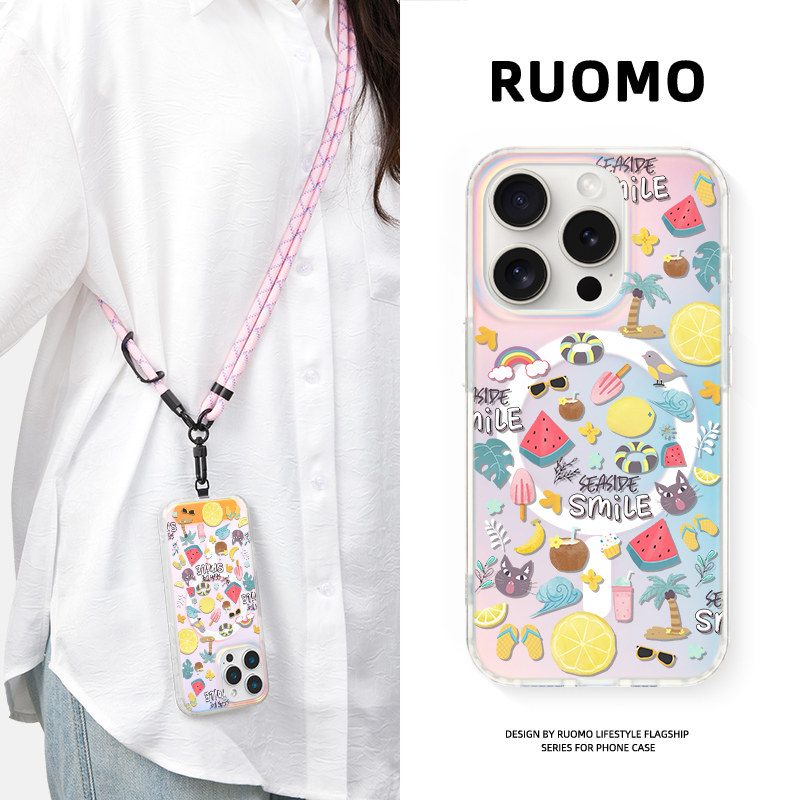 若墨适用苹果17promax手机壳iphone16pro新款15带挂绳女14镭射磁吸magsafe时尚清新13斜挎可背挂脖12文艺