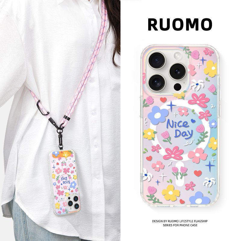 若墨适用苹果17promax手机壳iphone16pro新款16带挂绳女14镭射磁吸高级感magsafe清新13斜挎可背挂脖12防摔