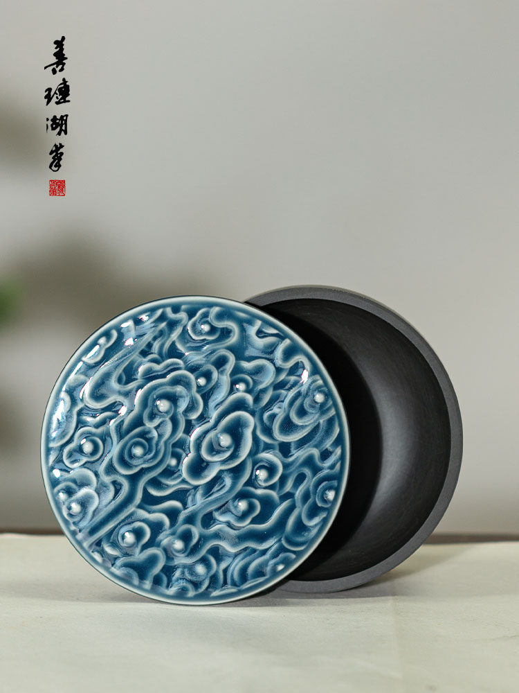 山眉湖笔罗纹砚原石砚初学者刷磨墨墨砚滋润防蒸发墨盒防干燥天然