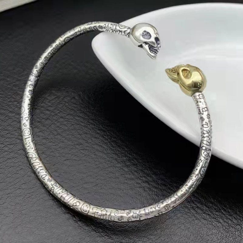 纯银涂鸦双骷髅头手镯男女个性朋克嘻哈配饰复古潮流网红炫酷手环