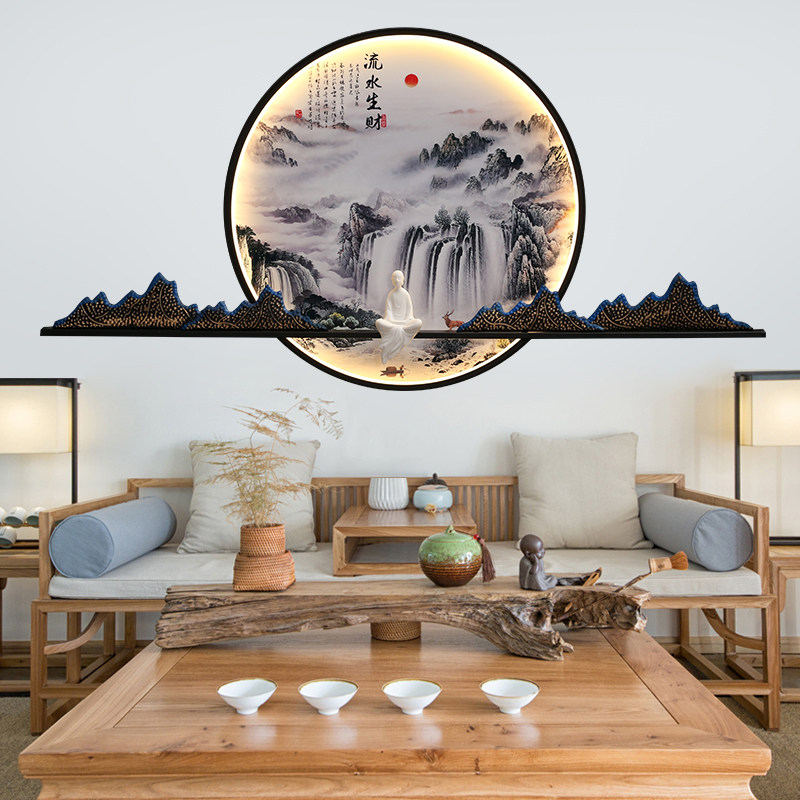 玄关新中式是迎客松背景墙装饰画