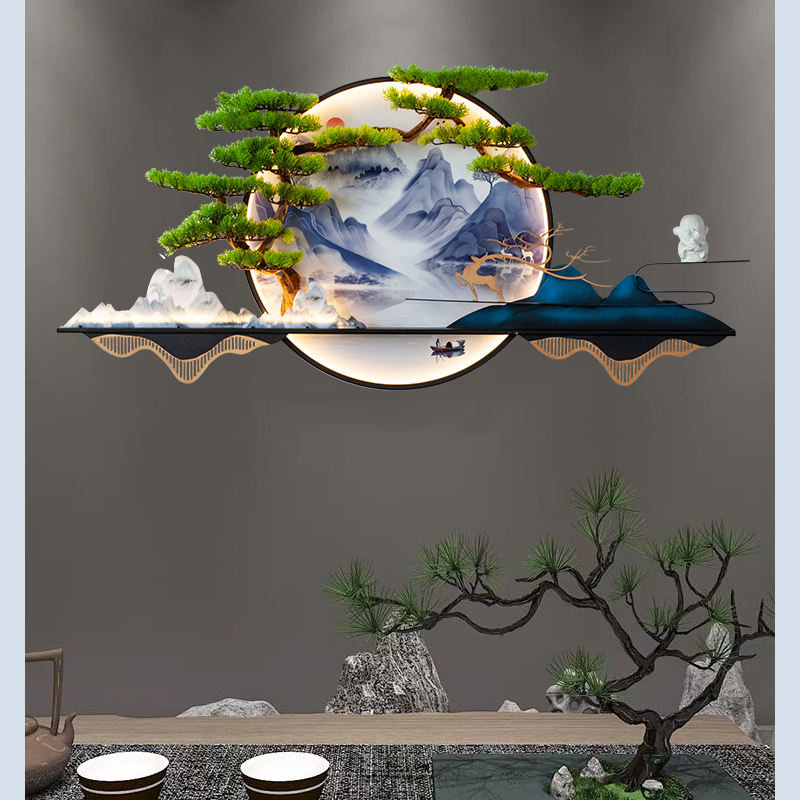 新中式圆形带灯装饰画玄关沙发背景墙上3d立体仿真迎客松禅艺壁画图片