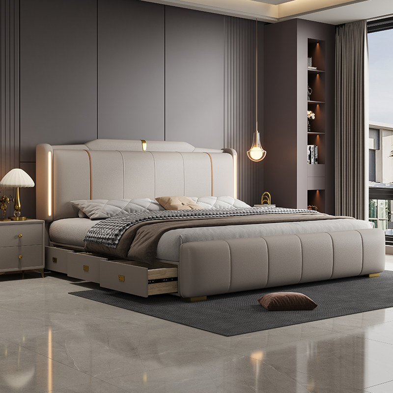 轻奢现代简约真皮床加厚床头软包极简婚床高端大气主卧双人结婚床