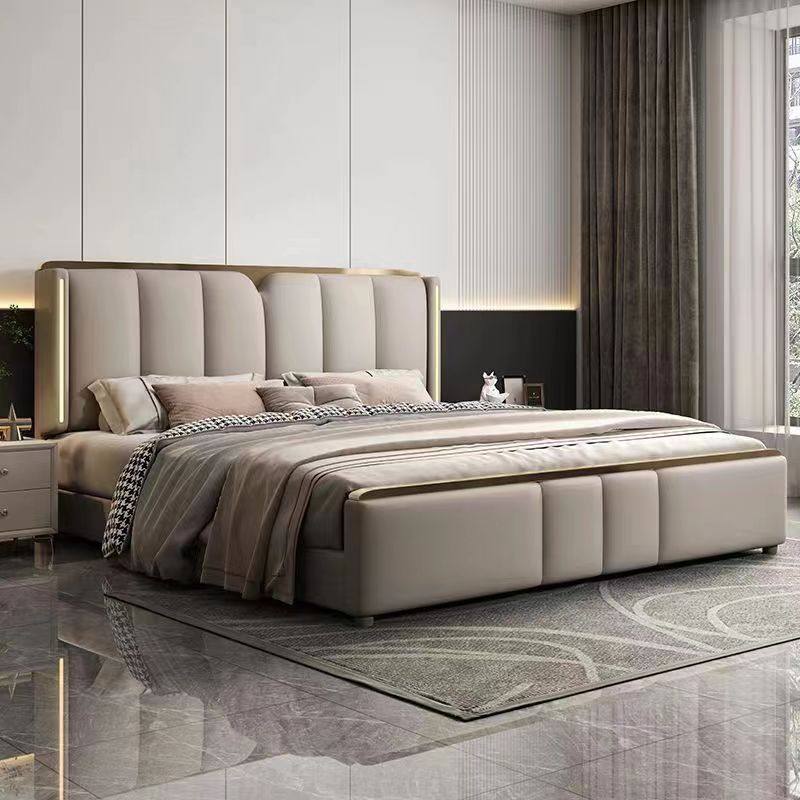 带灯超薄床头真皮床2.2米双人网红大床1.5x1.8米现代简约极简皮床