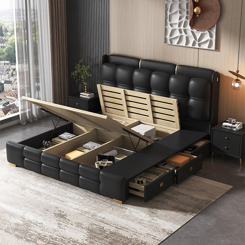 多功能意式真皮床主卧现代简约双人2.2米床1.5x1.8米储物软包婚床