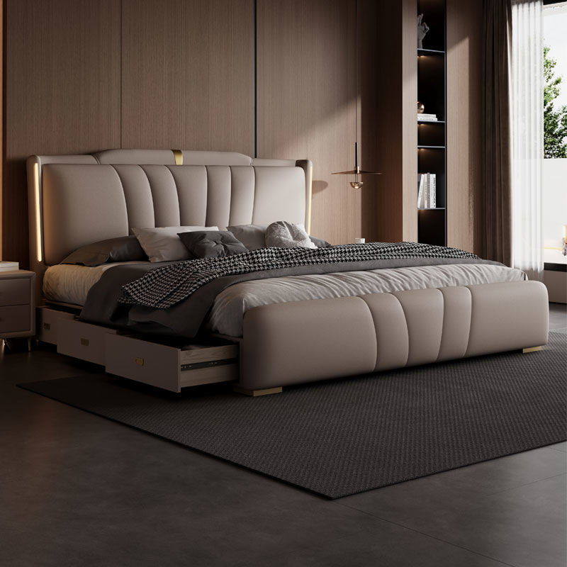 带夜灯意式轻奢真皮床2.2米高端大气时尚1.5x1.8米双人主卧软包床