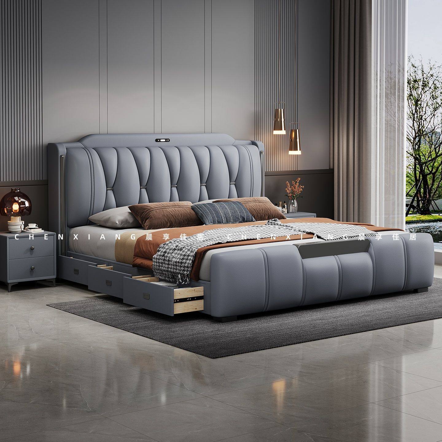 意式轻奢现代简约真皮床带抽屉新款多功能储物婚床奢华大气双人床