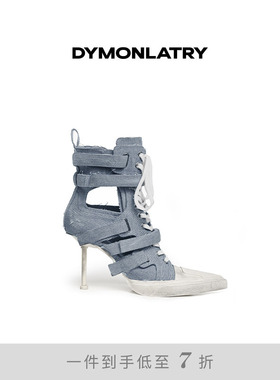 DYMONLATRY 2025新款牛仔撞色高跟鞋 细跟尖头镂空高跟凉鞋