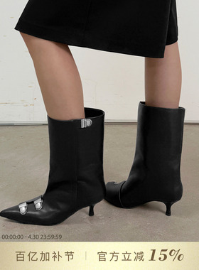 DYMONLATRY 2025秋冬新款金属饰扣宽筒高跟短靴中筒靴女靴子