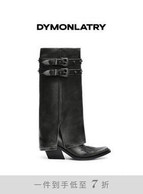 DYMONLATRY 2025新款西部女靴 高筒做旧皮带扣装饰裤管靴