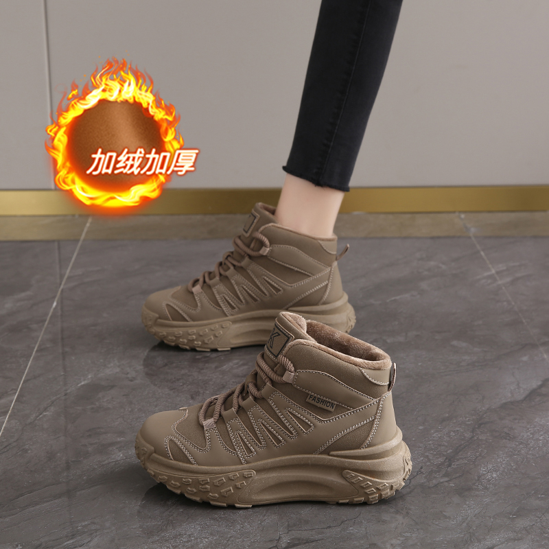 女孩棉靴加绒二棉运动鞋厚底真皮老爹鞋2025冬季新款高帮保暖棉鞋