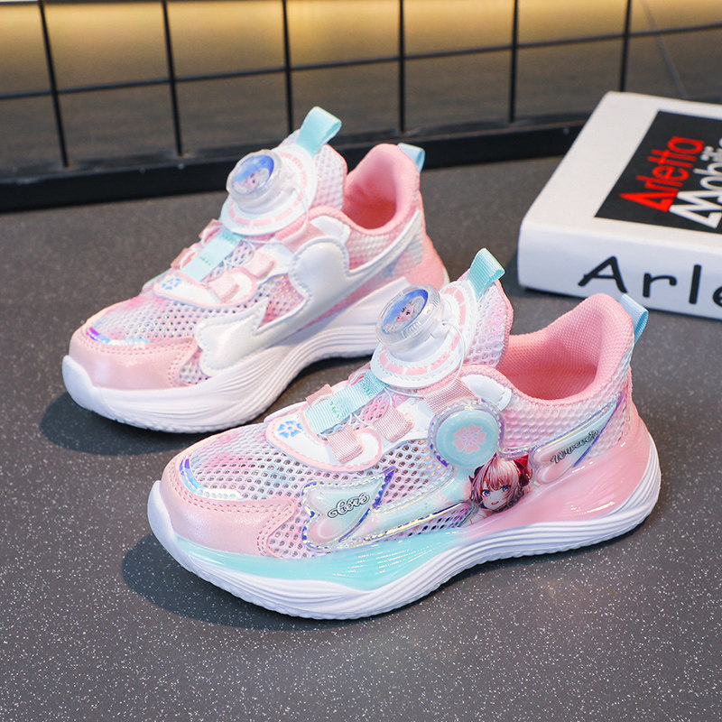 女童鞋旋转纽扣发光鞋2023夏款透气单网鞋公主网布运动鞋夏季灯鞋