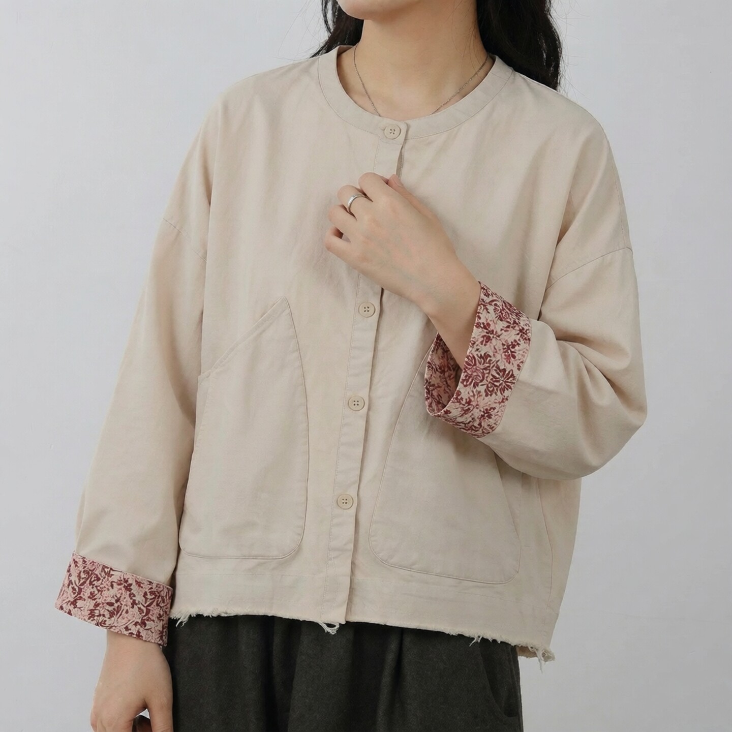 通勤风纯棉宽松印花女短外套