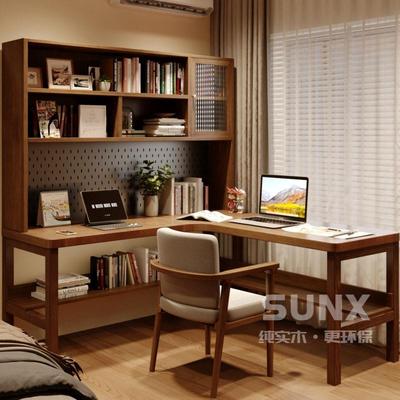 实木转角桌带洞洞板书桌书架书柜组合 角落拐角桌L型学习桌电脑桌