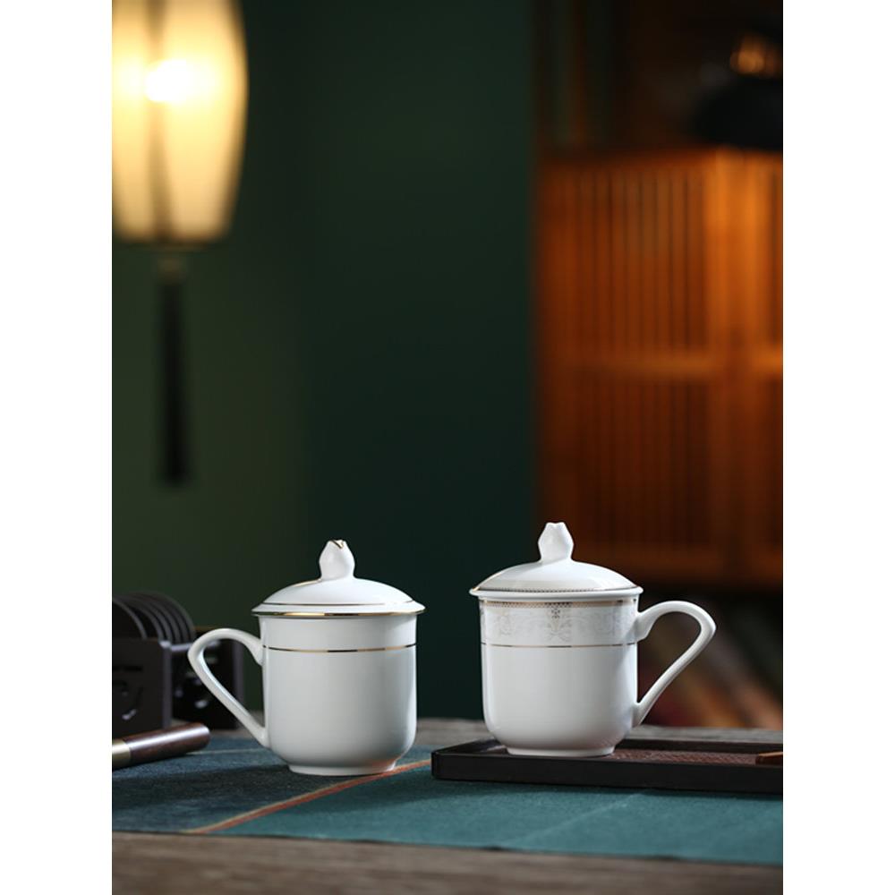 陶瓷茶杯景德镇带盖带把水杯家用办公杯子宾馆酒店会议室泡茶定制