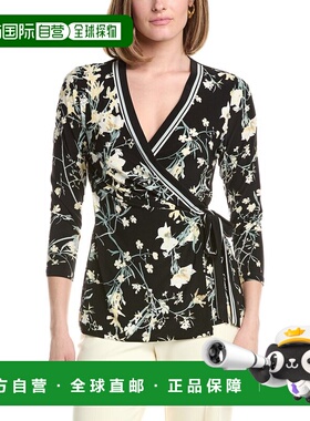 自营Anne Klein 3/4-Sleeve Front Banded Wrap Top - black 美国