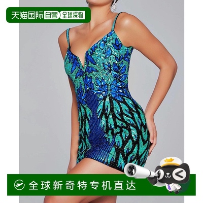 自营 jovani绿色/黑色多色V领鸡尾酒会连衣裙 美国奥莱直发
