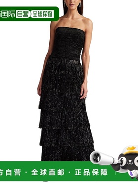 自营tadashi shojiShania亮片丝绒流苏礼服-黑色 美国奥莱直发