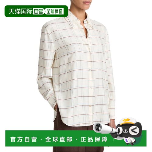 自营Vince Checked Plaid Silk-Blend Shirt - white 美国奥莱直