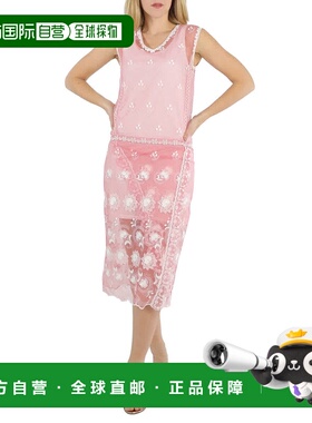 自营 Burberry女士无袖Chantilly蕾丝刺绣薄纱连衣裙-玫瑰粉_白色