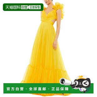 自营 Mac Duggal荷叶边分层雪纺A字型礼服-黄色 美国奥莱直发长裙