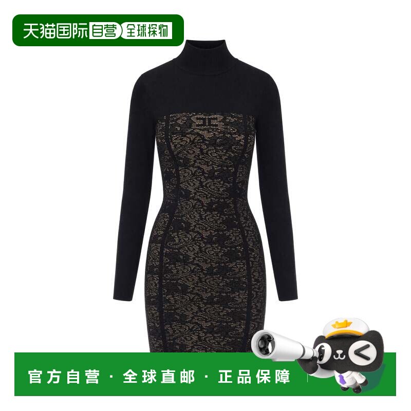 自营elisabetta franchi黑色蕾丝紧身高领粘胶混纺迷你连衣裙-黑