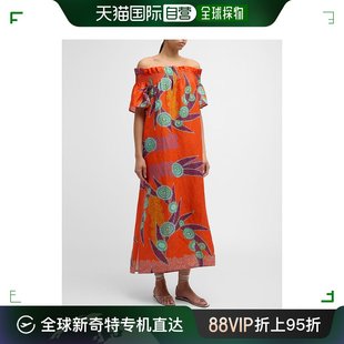 oliver marie 连衣裙印花亚麻长裙斜肩露肩 美国直邮 女士