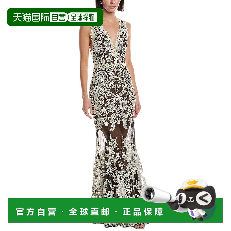 自营Marchesa Notte Sleeveless Deep V-Neck Embroidered Gown -