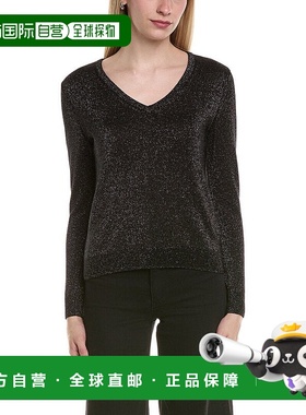 自营sofiacashmere Lurex V领羊毛和羊绒混纺毛衣-黑色 美国奥莱
