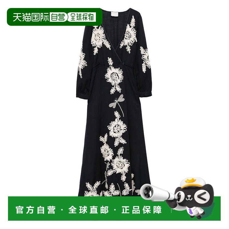 自营forte forteWrap-Style Black Maxi Dress With Floral Embro